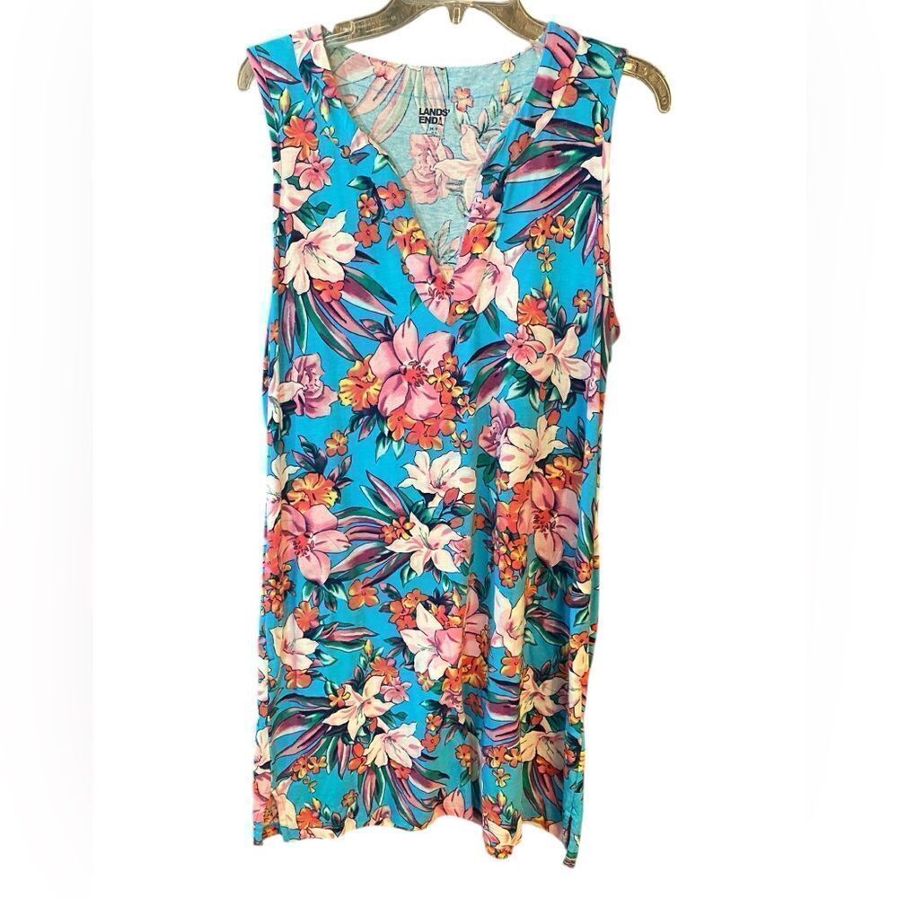 Lands End Sz 8-10 Blue Hawaiian Floral Sleeveless Summer Casual Shift Dress